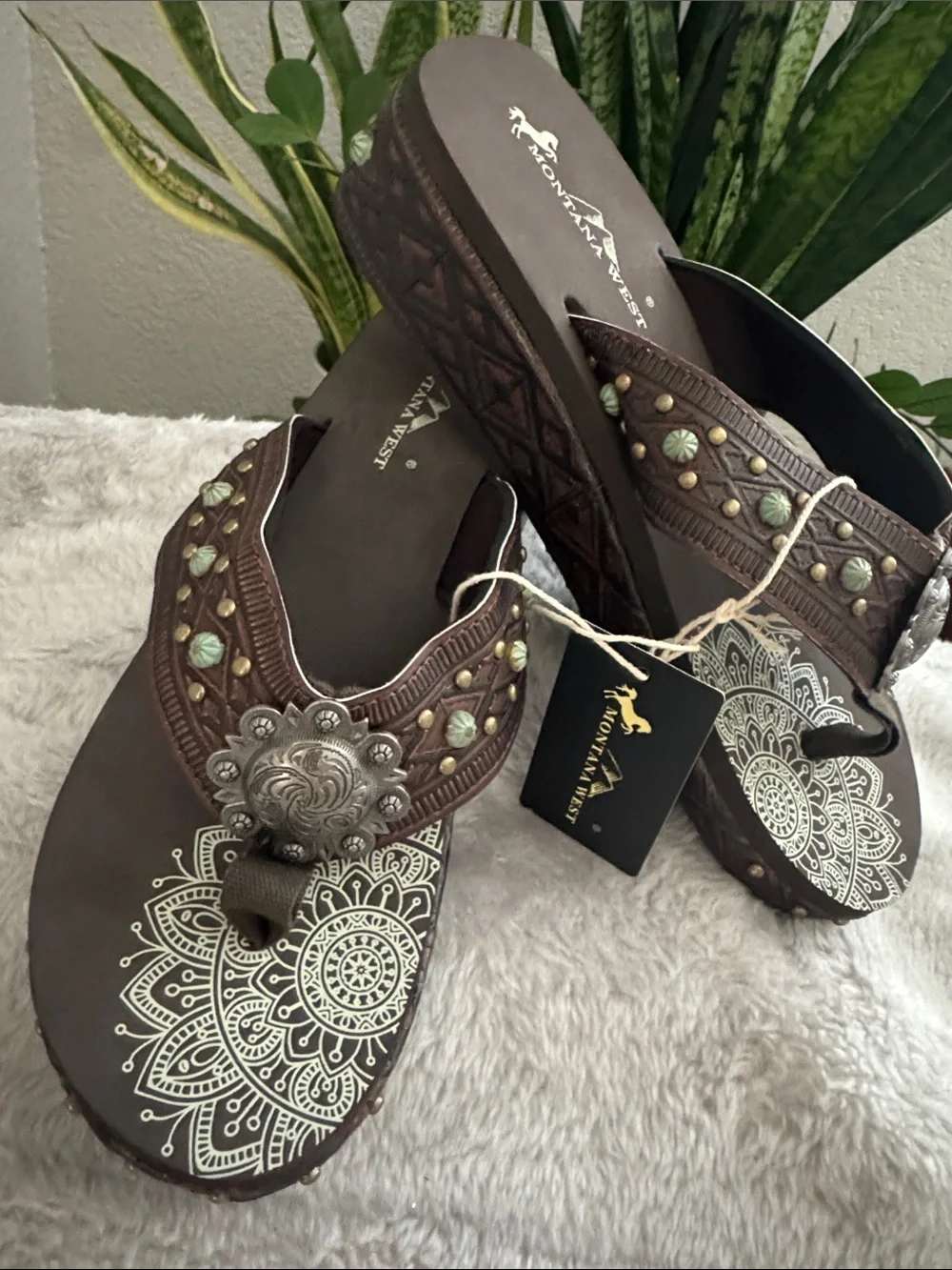 Montana West Brown Wedge Sandal with Metal Embellishments - Size 11